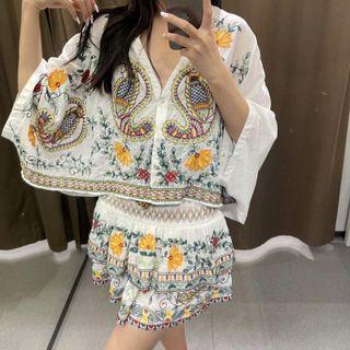 3/4-sleeve Embroidered Tunic / High Waist Embroidered Mini Skirt / Set