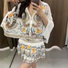 3/4-sleeve Embroidered Tunic / High Waist Embroidered Mini Skirt / Set