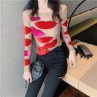 Long-sleeve Embellished Sheer Top As Shown In Figure - One Size