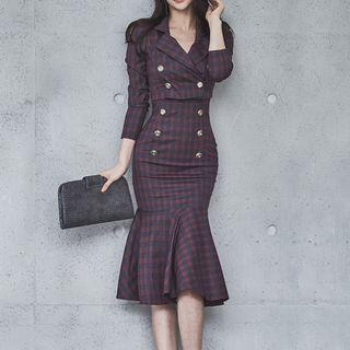 Set: Cropped Double-breasted Plaid Jacket + Sleeveless Mermaid Dress