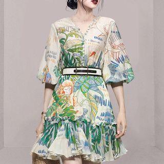 Puff-sleeve Monkey Print Mini A-line Dress