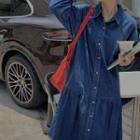 Long-sleeve Polo-collar Ruffle Trim Denim Dress Denim Blue - One Size