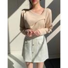 Fold V-neck Rib-knit Top