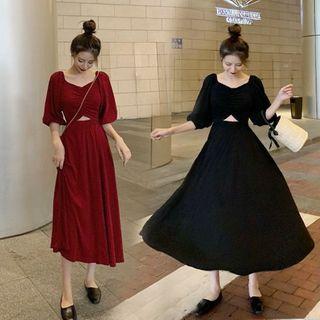 Puff Sleeve Square Neck Drawstring Cutout A-line Dress