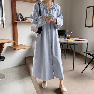 Long Sleeve Stand Collar Placket Plain Shirtdress