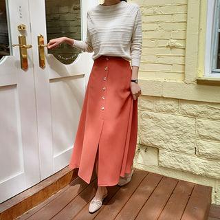 Button-trim Slit-front Maxi Skirt