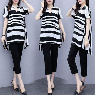 Set: Short-sleeve Printed Blouse + Straight-leg Pants