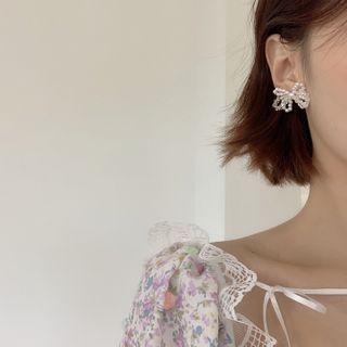 Faux Pearl Ribbon Stud Earring 1 Pair - 925 Silver - Earring - One Size