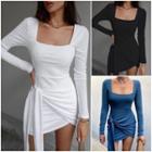 Long Sleeve Square-neck Plain Tie-waist Mini Dress