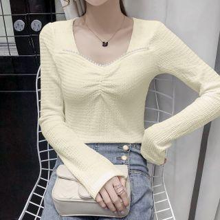 Long-sleeve Square-neck Plain Beaded Ruched T-shirt