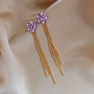 Rhinestone Fringe Earring 1 Pair - Purple Rhinestone - Gold - One Size