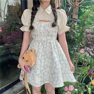 Spaghetti Strap Floral Print Dress / Puff-sleeve Ruffle Crop Shirt