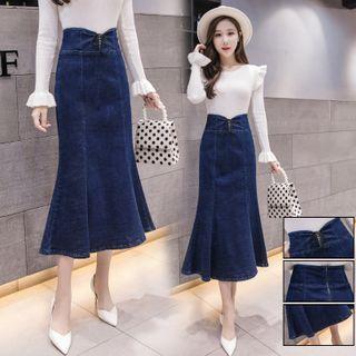 Lace-up Front Denim Midi Mermaid Skirt
