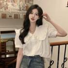 Short-sleeve Peter Pan Collar Plain Loose-fit Top White - One Size