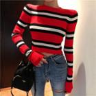 Cropped Striped Long-sleeve Knit Top As Shown In Figure - One Size