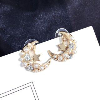 Faux Pearl Rhinestone Moon Earring Gold - One Size