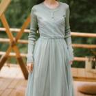 Long-sleeve Mesh Paneled Knit A-line Midi Dress