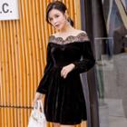 Off-shoulder Long-sleeve Lace Panel Mini A-line Velvet Dress