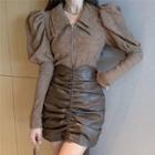 Lapel Puff-sleeve Top / Faux Leather High-waist Ruched Mini Skirt