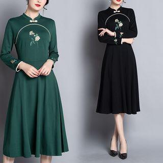 Flower Embroidered Long-sleeve A-line Dress