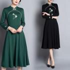 Flower Embroidered Long-sleeve A-line Dress