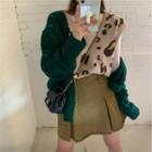 V-neck Leopard Knit Vest / High-waist Frayed Skirt / Long-sleeve Open Knit Cardigan