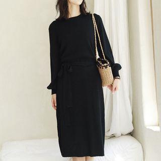 Round-neck Long-sleeve Knit Dress With Tie