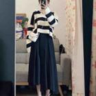 Striped Sweater / Asymmetrical Midi A-line Skirt / Set
