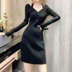 Long-sleeve Halter-neck Knit Mini Bodycon Dress Black - One Size
