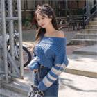 Off-shoulder Color-block Sweater Blue - One Size