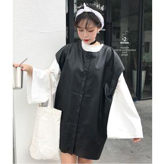 Set: Wide-sleeve Pullover + Faux Leather Vest