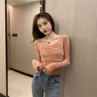 Plain Shirred Long-sleeve Knit Top