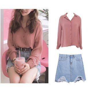 Plain Long-sleeve Shirt / Denim Skirt