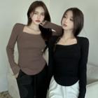 Long-sleeve Square-neck Scoop Hem T-shirt