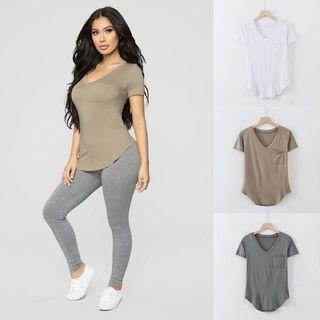 Short Sleeve V-neck Plain Loose-fit T-shirt