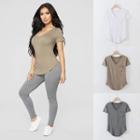 Short Sleeve V-neck Plain Loose-fit T-shirt