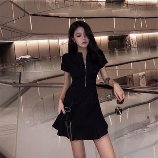 Short-sleeve Zip Mini A-line Dress