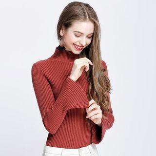 Mock-neck Bell-sleeve Plain Knit Top