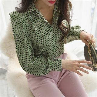 Bishop-sleeve Ruffle-trim Patterned Blouse