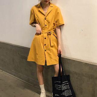 Elbow-sleeve Notch Lapel Mini Shirtdress