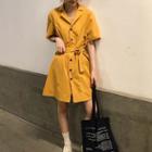Elbow-sleeve Notch Lapel Mini Shirtdress