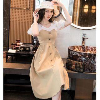 Mock Two-piece Puff-sleeve Paneled Midi A-line Dress