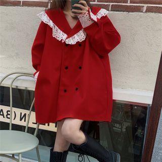 Lace Trim Double Breasted Coat Red & White - One Size