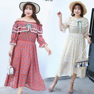 Off-shoulder Elbow-sleeve Ruffled Midi Dress