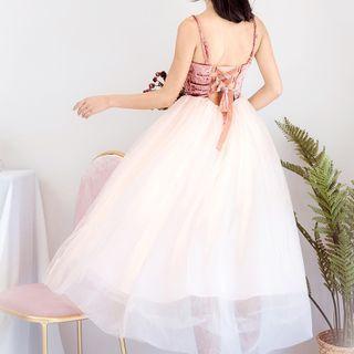 Open-back Sleeveless Midi A-line Mesh Dress