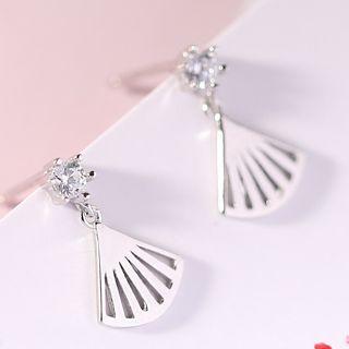 925 Sterling Silver Rhinestone Fan Dangle Earring 1 Pair - Folding Fan Earrings - One Size