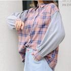 Puff Sleeve Plaid Shirt Pink - One Size