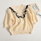 Short-sleeve Ruffle Pointelle Knit Top Almond - One Size