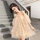 Off-shoulder Glitter Mesh Mini A-line Dress Almond - One Size