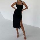 Halter Neck Open-back Tassel Trim Sheath Dress